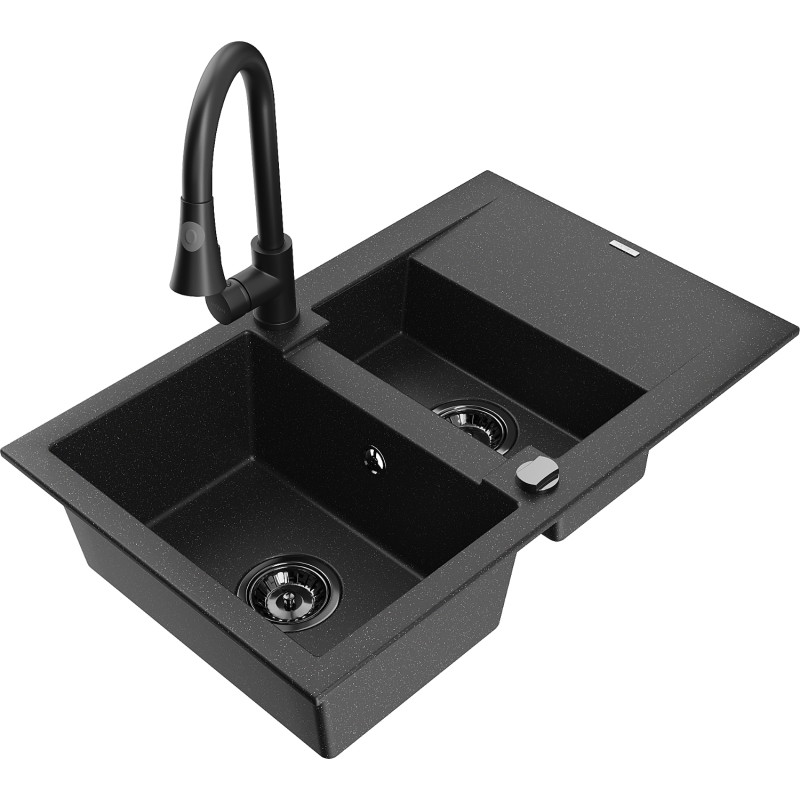 Mexen Gaspar granite kitchen sink 1.5-bowl with drainer and Elia kitchen faucet, black/silver - 6507-73-670101-70-B