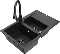 Mexen Gaspar granite kitchen sink 1.5-bowl with drainer and Elia kitchen faucet, black/silver - 6507-73-670101-70-B