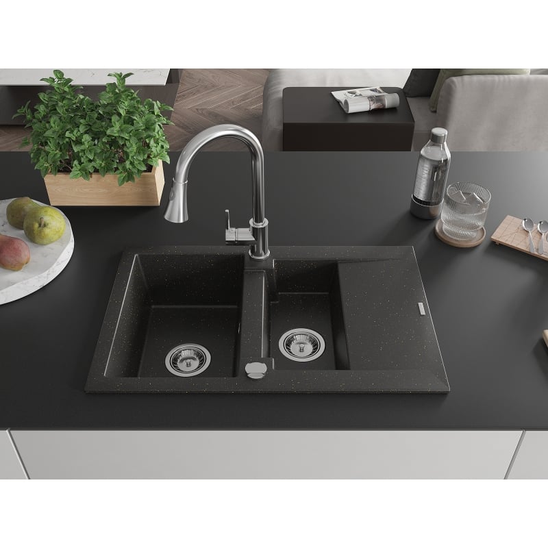 Mexen Gaspar 1.5-bowl granite sink with drainer and Elia kitchen faucet, black/gold metallic - 6507-75-670101-00