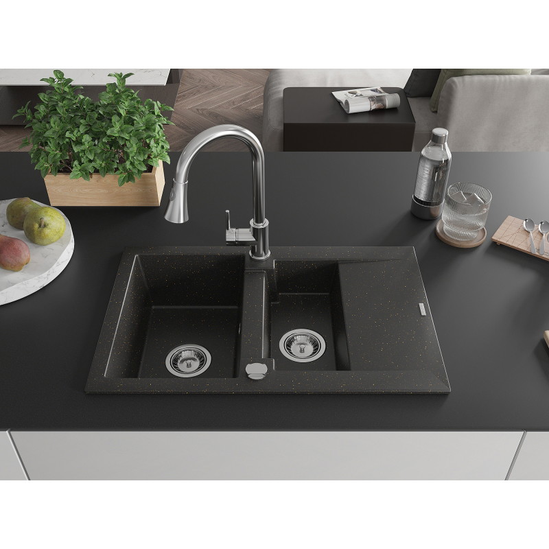 Mexen Gaspar granite kitchen sink 1.5-bowl with draining board and Elia kitchen faucet, black/gold metallic - 6507-75-670101-00