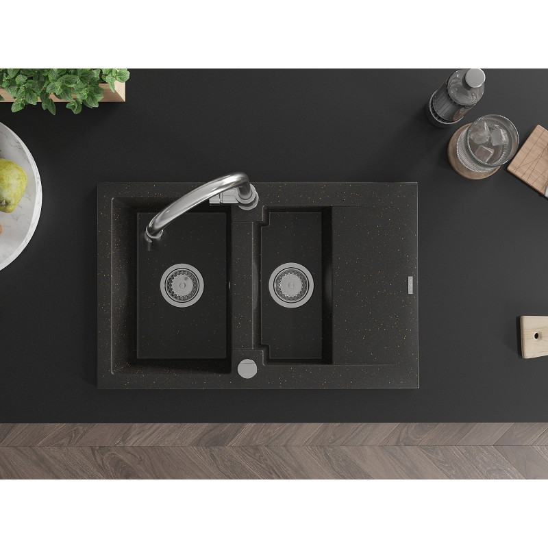 Mexen Gaspar 1.5-bowl granite sink with drainer and Elia kitchen faucet, black/gold metallic - 6507-75-670101-00