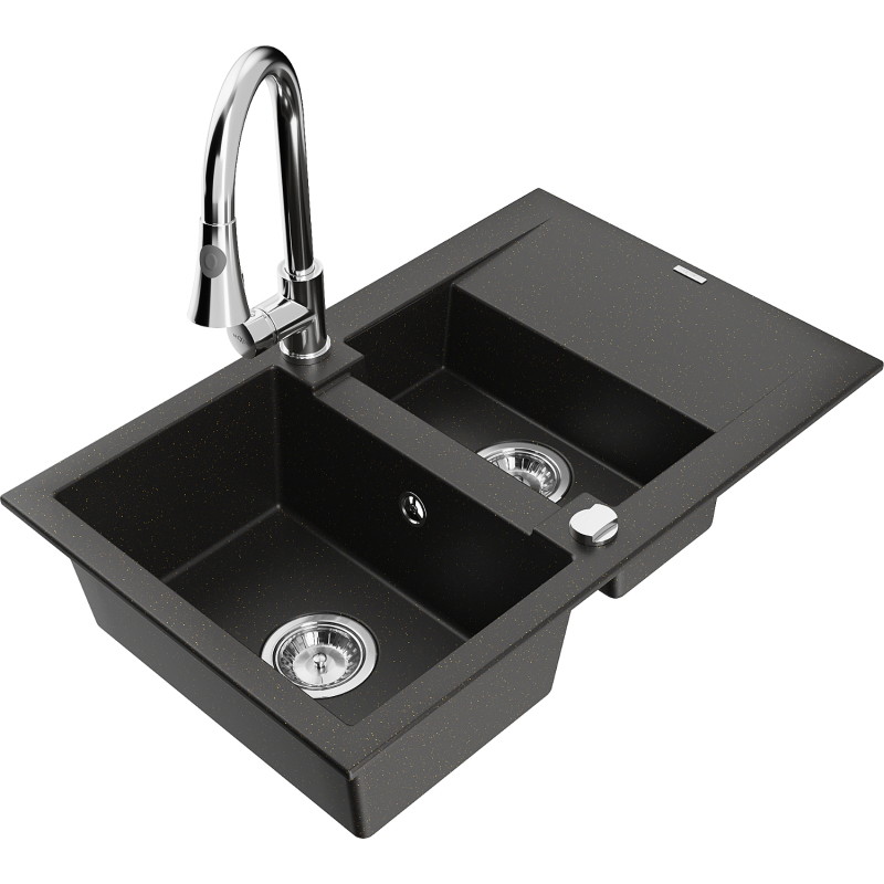 Mexen Gaspar 1.5-bowl granite sink with drainer and Elia kitchen faucet, black/gold metallic - 6507-75-670101-00