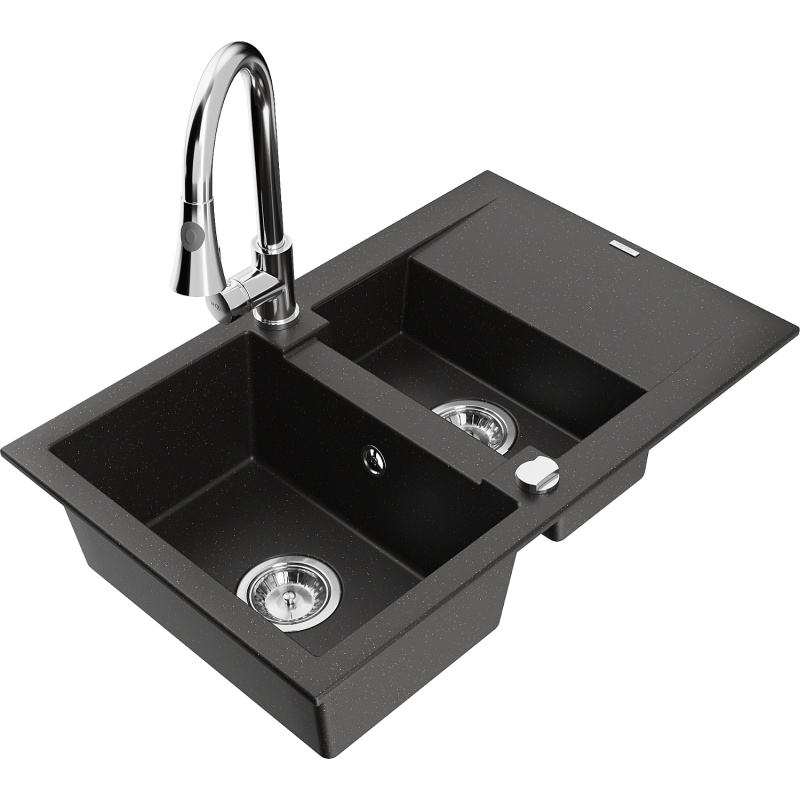 Mexen Gaspar 1.5-bowl granite sink with drainer and Elia kitchen tap, black/gold metallic - 6507-75-670101-00