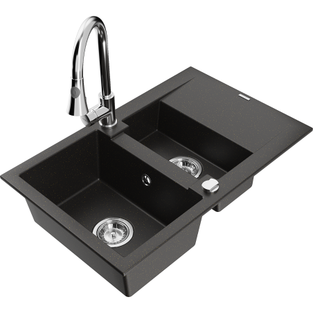 Mexen Gaspar 1.5-bowl granite sink with drainer and Elia kitchen faucet, black/gold metallic - 6507-75-670101-00