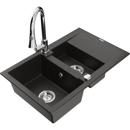 Mexen Gaspar 1.5-bowl granite sink with drainer and Elia kitchen tap, black/gold metallic - 6507-75-670101-00