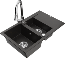 Mexen Gaspar 1.5-bowl granite sink with drainer and Elia kitchen faucet, black/gold metallic - 6507-75-670101-00