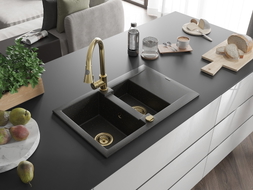 Mexen Gaspar granite sink 1.5-bowl with drainer and Elia kitchen faucet, black/gold metallic - 6507-75-670101-50