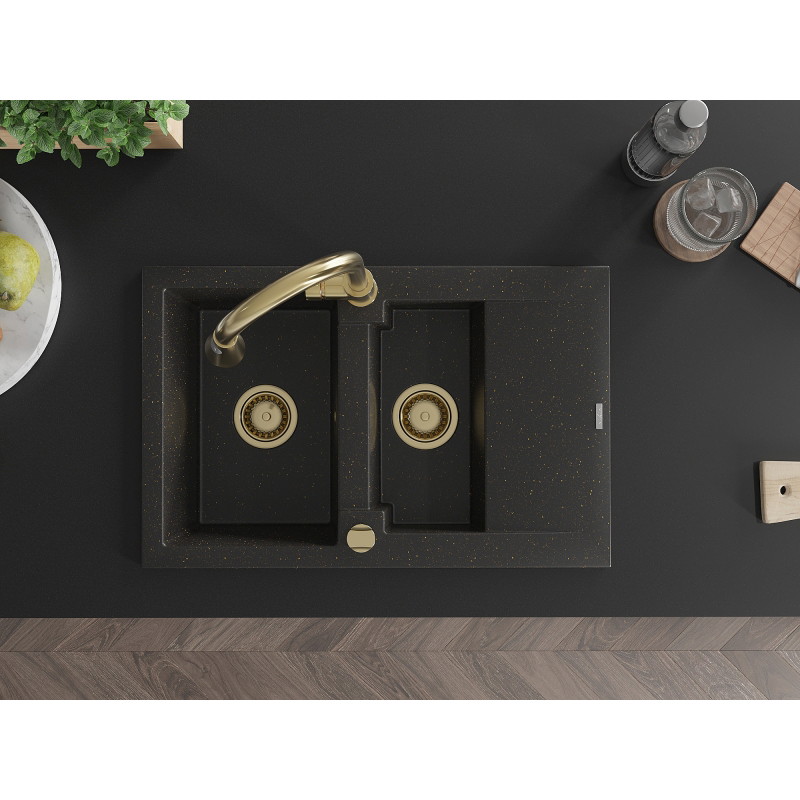 Mexen Gaspar granite sink 1.5-bowl with drainer and Elia kitchen faucet, black/gold metallic - 6507-75-670101-50