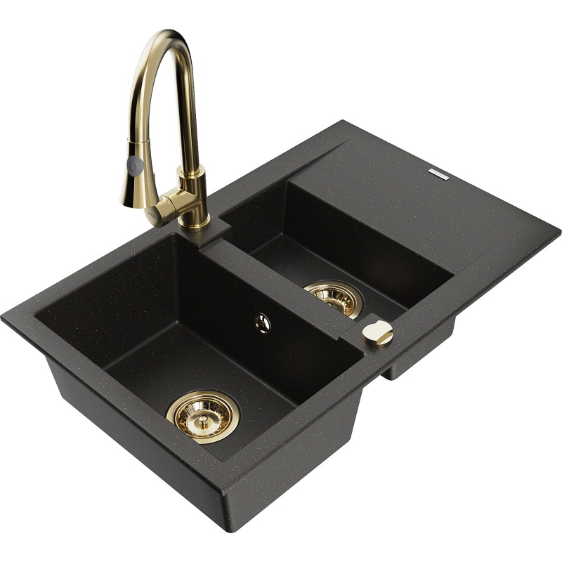 Mexen Gaspar granite sink 1.5-bowl with drainer and Elia kitchen faucet, black/gold metallic - 6507-75-670101-50