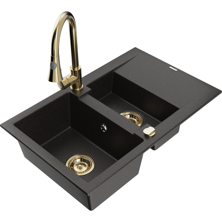 Mexen Gaspar 1.5-bowl granite sink with drainer and Elia kitchen tap, black/gold metallic - 6507-75-670101-50