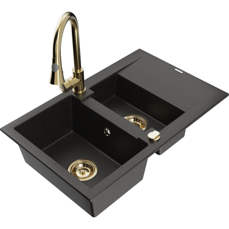 Mexen Gaspar granite sink 1.5-bowl with drainer and Elia kitchen faucet, black/gold metallic - 6507-75-670101-50