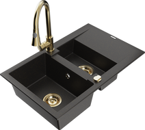 Mexen Gaspar granite sink 1.5-bowl with drainer and Elia kitchen faucet, black/gold metallic - 6507-75-670101-50