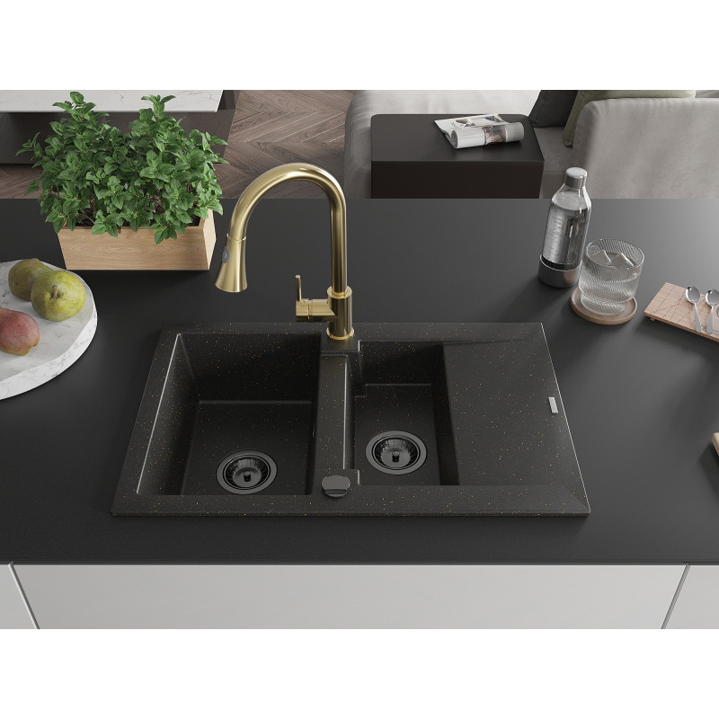 Mexen Gaspar granite kitchen sink with 1.5-bowls, drainer and tap Elia, black/gold metallic - 6507-75-670101-50-B