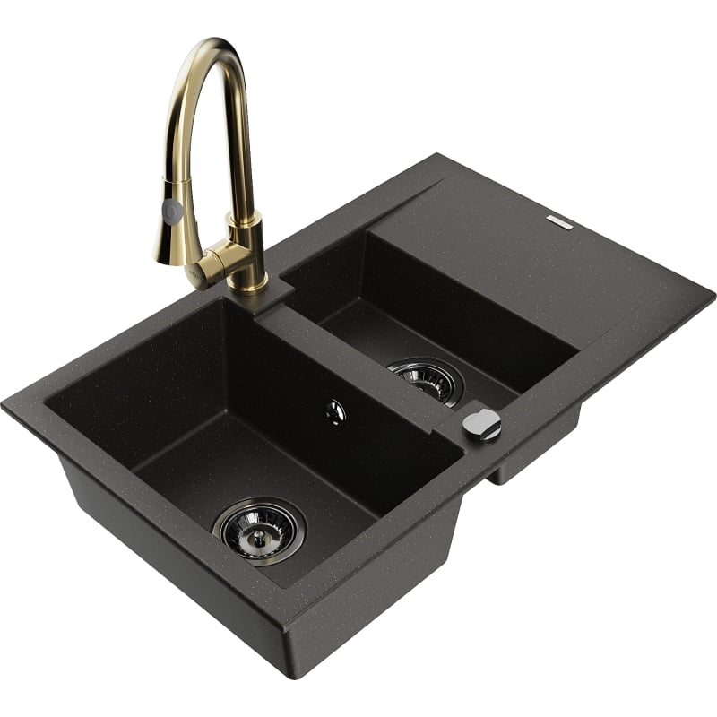 Mexen Gaspar granit sink 1.5-bowl with drainer and kitchen faucet Elia, black/gold metallic - 6507-75-670101-50-B