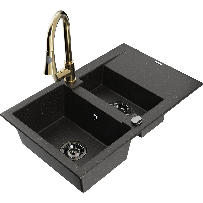 Mexen Gaspar granite kitchen sink with 1.5-bowls, drainer and tap Elia, black/gold metallic - 6507-75-670101-50-B