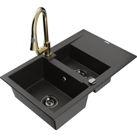 Mexen Gaspar granit sink 1.5-bowl with drainer and kitchen faucet Elia, black/gold metallic - 6507-75-670101-50-B