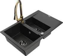Mexen Gaspar granit sink 1.5-bowl with drainer and kitchen faucet Elia, black/gold metallic - 6507-75-670101-50-B