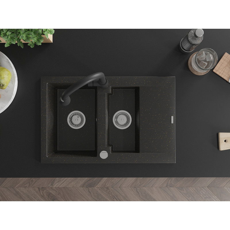 Mexen Gaspar granite sink 1.5-bowl with drainer and Elia kitchen tap, black/golden metallic - 6507-75-670101-70