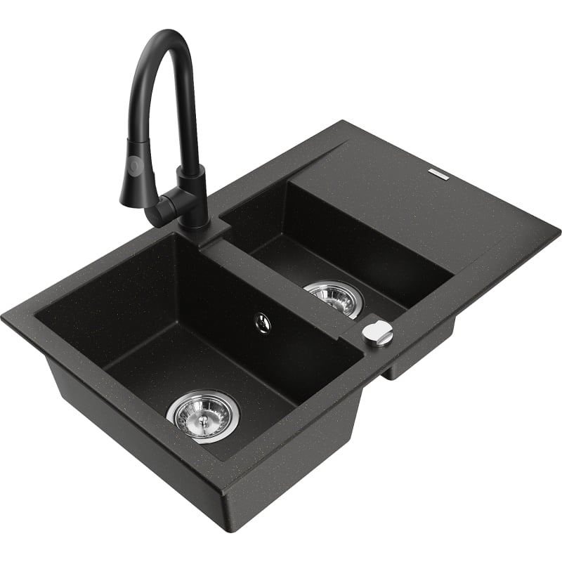 Mexen Gaspar granit sink 1.5-bowl with drainer and kitchen faucet Elia, black/golden metallic - 6507-75-670101-70
