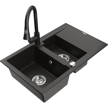 Mexen Gaspar 1.5-compartment granite sink with a drip tray and kitchen mixer tap Elia, Black/Gold metallic - 6507-75-670101-70