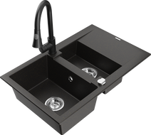 Mexen Gaspar granite sink 1.5-bowl with drainer and Elia kitchen tap, black/golden metallic - 6507-75-670101-70