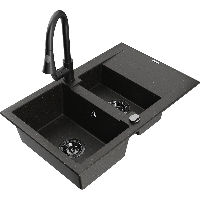 Mexen Gaspar 1.5-bowl granite sink with drainer and kitchen faucet Elia, black/gold metallic - 6507-75-670101-70-B
