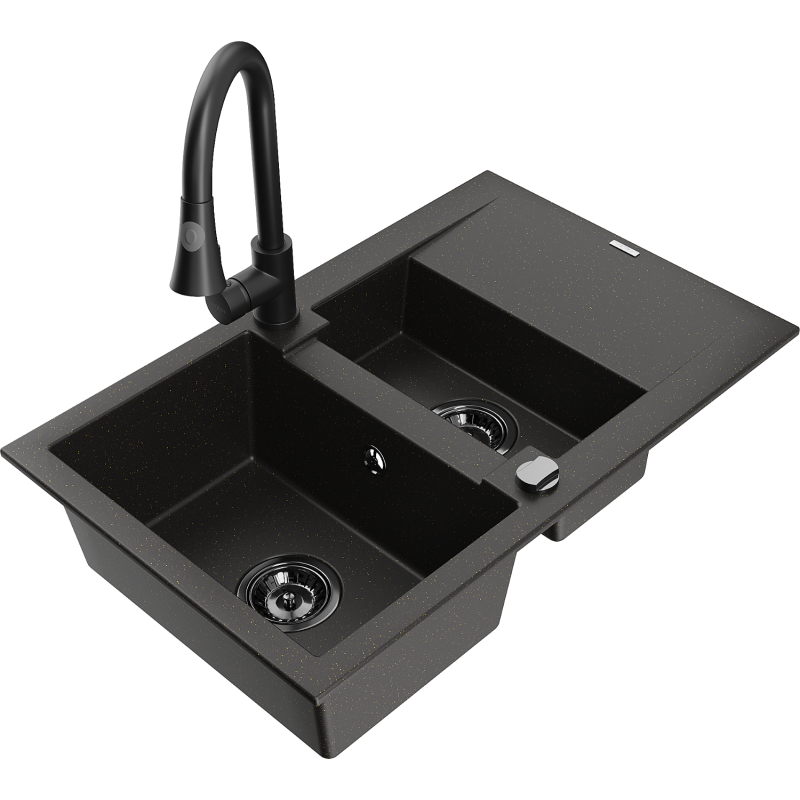 Mexen Gaspar 1.5-compartment granite sink with a drip tray and kitchen mixer tap Elia, Black/Gold metallic - 6507-75-670101-70-B