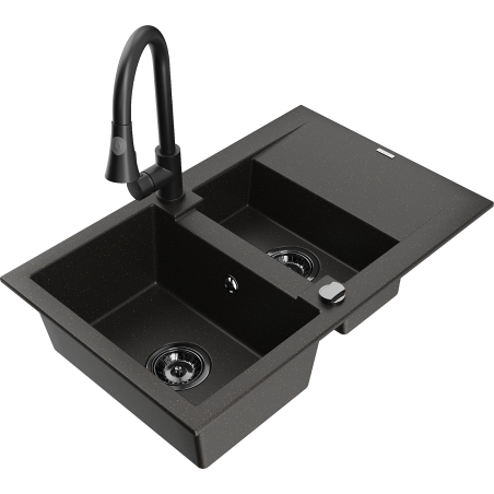 Mexen Gaspar 1.5-bowl granite sink with drainer and kitchen faucet Elia, black/gold metallic - 6507-75-670101-70-B