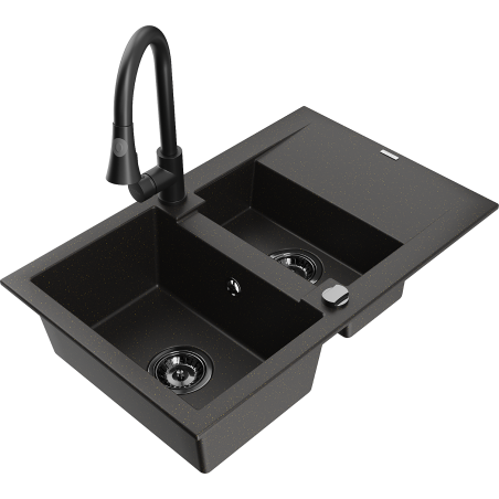 Mexen Gaspar granit sink 1.5-bowl with drainer and Elia kitchen faucet, black/gold metallic - 6507-75-670101-70-B