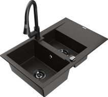Mexen Gaspar 1.5-bowl granite sink with drainer and kitchen faucet Elia, black/gold metallic - 6507-75-670101-70-B