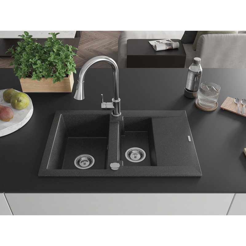 Mexen Gaspar granite kitchen sink 1.5-bowl with drainer and Elia kitchen faucet, speckled black - 6507-76-670101-00