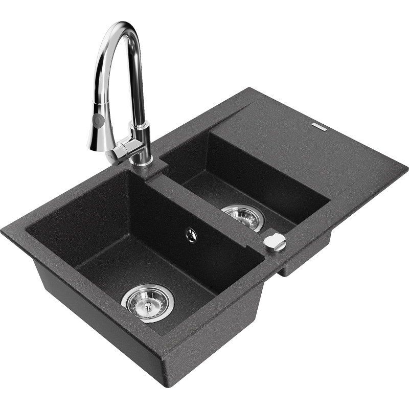 Mexen Gaspar 1.5-bowl granite sink with drainer and Elia kitchen faucet, speckled black - 6507-76-670101-00