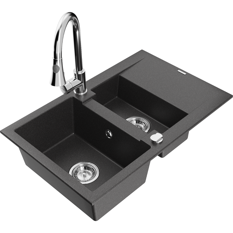 Mexen Gaspar 1.5-bowl Granite Sink with Drainer and Elia Kitchen Tap, Black Speckled - 6507-76-670101-00