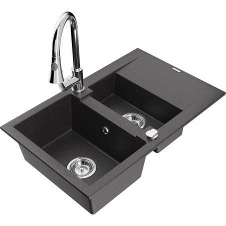 Mexen Gaspar granite kitchen sink 1.5-bowl with drainer and Elia kitchen faucet, speckled black - 6507-76-670101-00