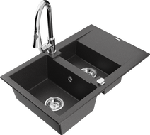 Mexen Gaspar granite kitchen sink 1.5-bowl with drainer and Elia kitchen faucet, speckled black - 6507-76-670101-00