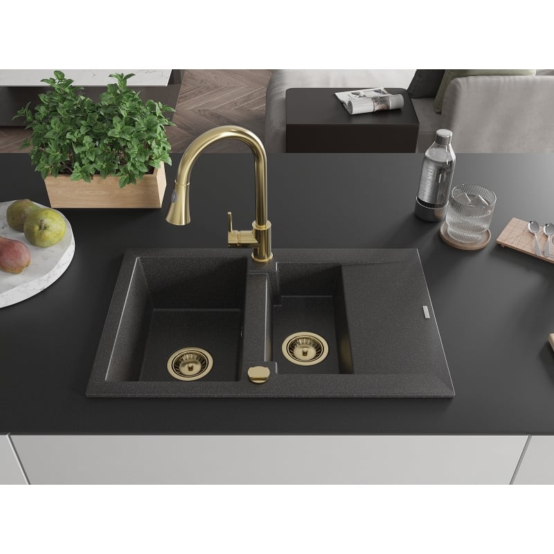 Mexen Gaspar granite kitchen sink 1.5-bowl with drainer and Elia kitchen faucet, black speckled - 6507-76-670101-50