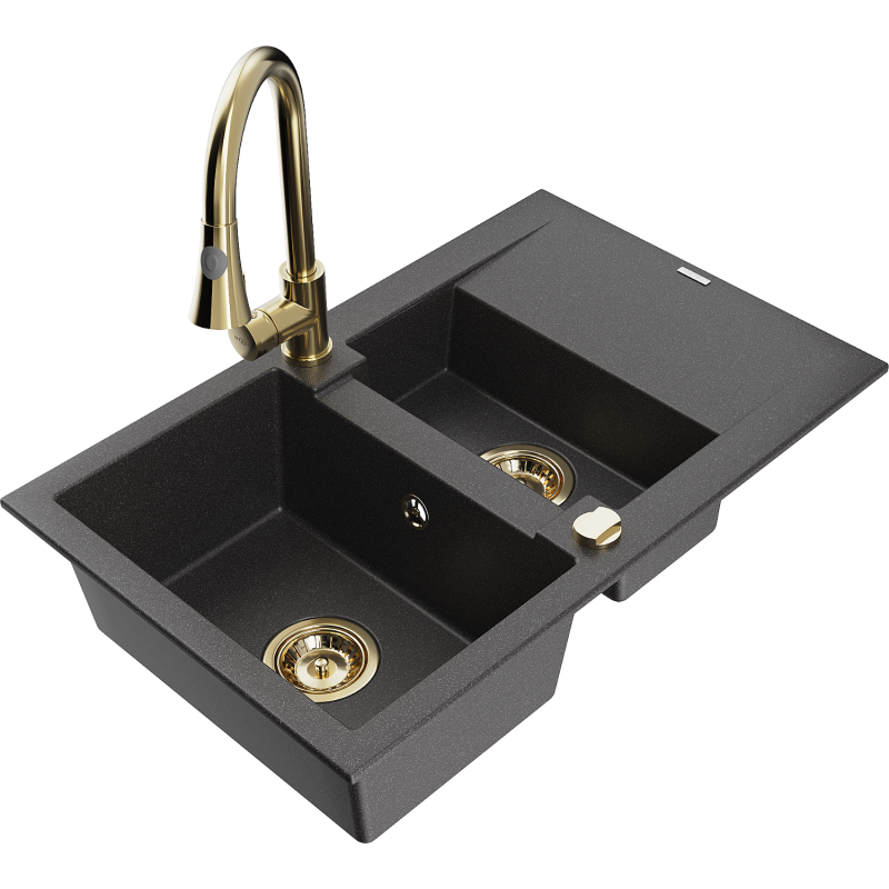 Mexen Gaspar 1.5-compartment granite sink with a drip tray and kitchen mixer tap Elia, spotted black - 6507-76-670101-50