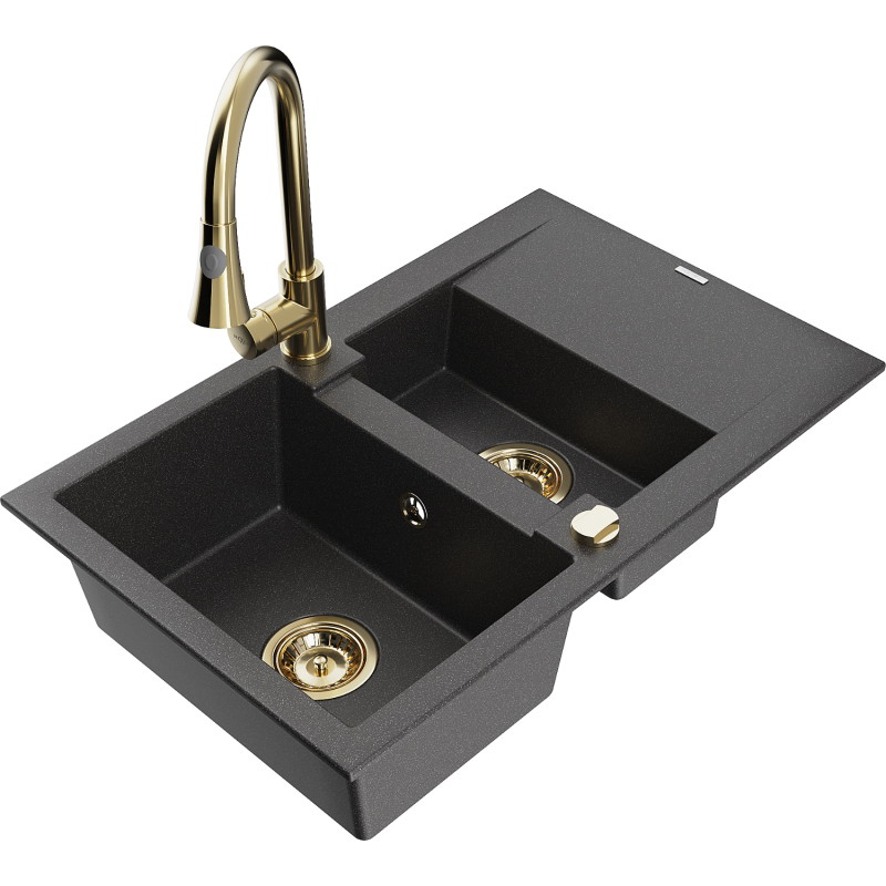 Mexen Gaspar granite kitchen sink 1.5-bowl with drainer and Elia kitchen faucet, black speckled - 6507-76-670101-50