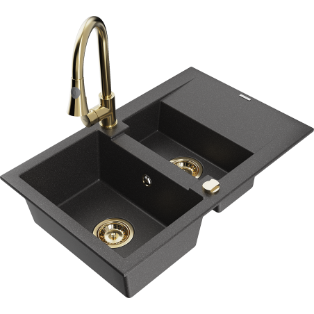 Mexen Gaspar granite sink 1.5-bowl with drainer and Elia kitchen faucet, black speckled - 6507-76-670101-50