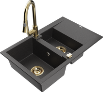 Mexen Gaspar granite sink 1.5-bowl with drainer and Elia kitchen faucet, black speckled - 6507-76-670101-50