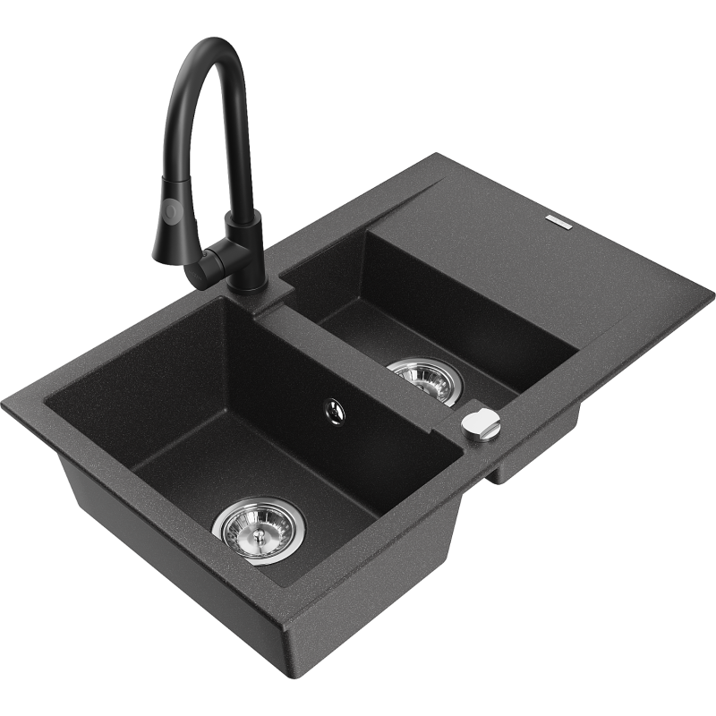 Mexen Gaspar 1.5-compartment granite sink with a drip tray and kitchen mixer tap Elia, spotted black - 6507-76-670101-70