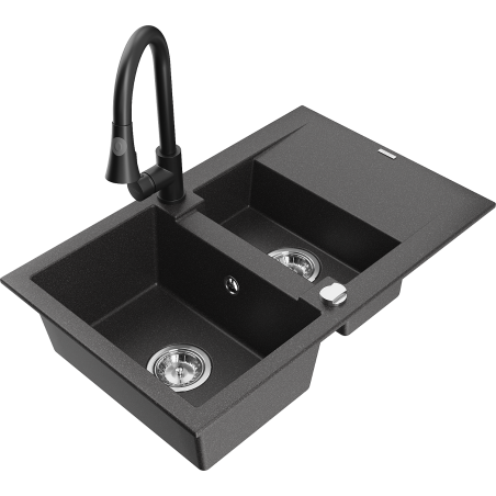 Mexen Gaspar granite sink 1.5-bowl with drainer and Elia kitchen faucet, black speckled - 6507-76-670101-70
