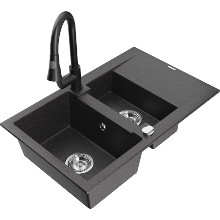 Mexen Gaspar granite sink 1.5-bowl with drainer and kitchen faucet Elia, black speckled - 6507-76-670101-70