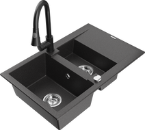 Mexen Gaspar 1.5-compartment granite sink with a drip tray and kitchen mixer tap Elia, spotted black - 6507-76-670101-70