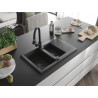 Mexen Gaspar 1.5-bowl granite sink with drainer and Elia kitchen faucet, black speckled - 6507-76-670101-70-B