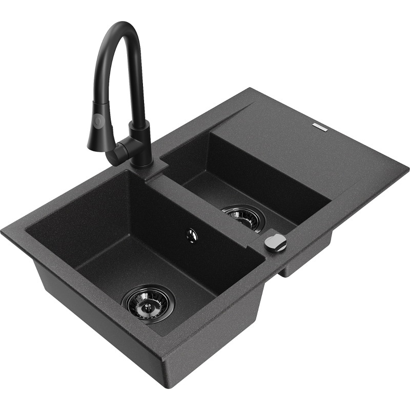 Mexen Gaspar 1.5-bowl granite sink with drainer and Elia kitchen faucet, speckled black - 6507-76-670101-70-B
