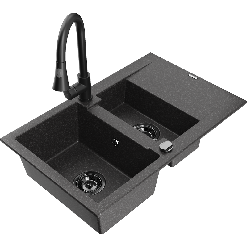 Mexen Gaspar 1.5-compartment granite sink with a drip tray and kitchen mixer tap Elia, spotted black - 6507-76-670101-70-B