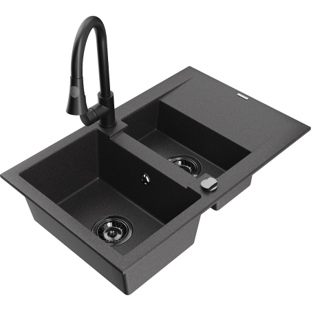 Mexen Gaspar 1.5-bowl granite sink with drainer and Elia kitchen faucet, black speckled - 6507-76-670101-70-B