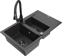 Mexen Gaspar granite sink 1.5-bowl with drainer and Elia kitchen tap, black speckled - 6507-76-670101-70-B
