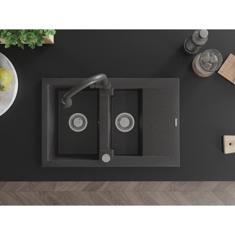 Mexen Gaspar granite sink 1.5-bowl with drainer and Elia kitchen tap, speckled black - 6507-76-670101-76